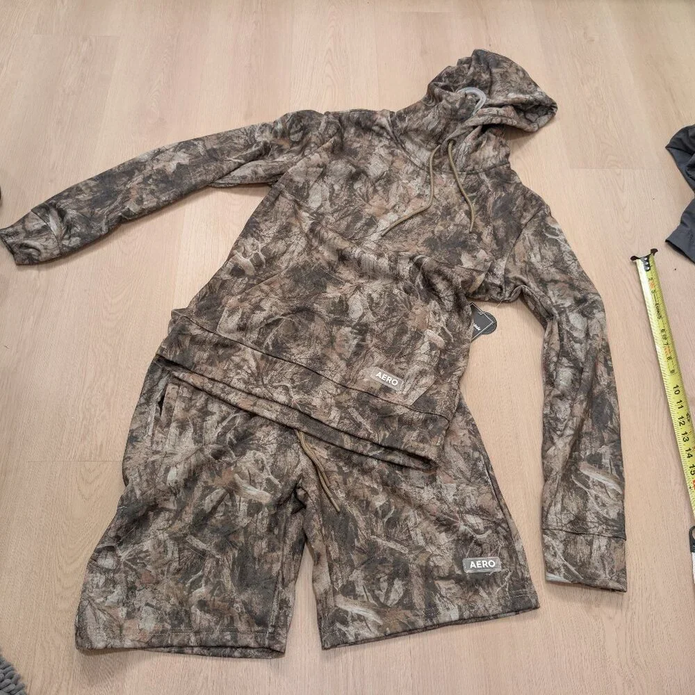 SMALL NWT Aeropostale Camo Set Hoodie Shorts Khaki Real Tree Pocket Aero